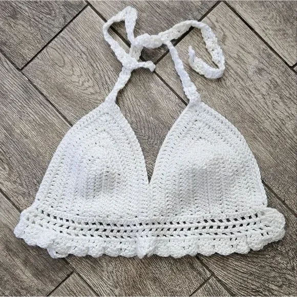 Hand Crafted White Crochet Halter Top Bralette Size L - Picture 3 of 8